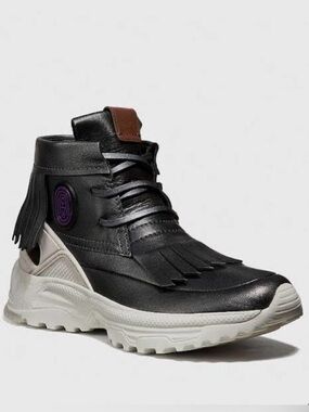 Coach Black and Cream Fringe Boots -Fringe Moccasin Sneaker With Coach Patch 7B